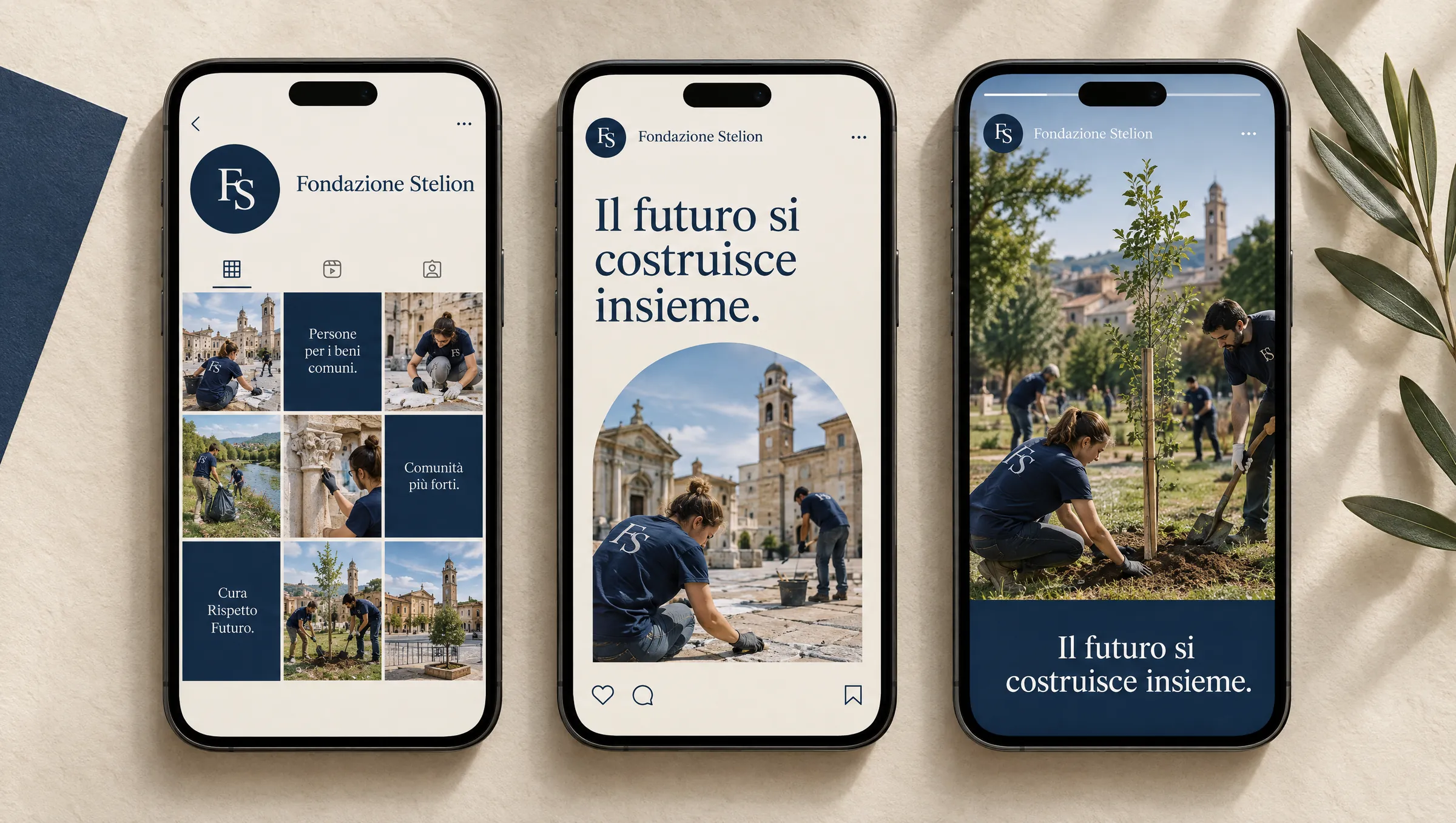 Profilo, post e storia di Fondazione Stelion su tre telefoni
