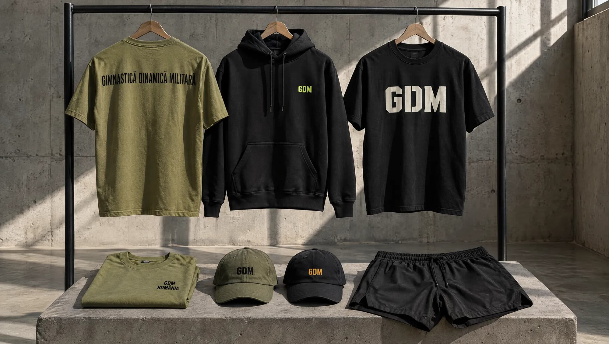 Magliette, felpa, cappellini e pantaloncini di Gimnastică Dinamică Militară su un appendiabiti