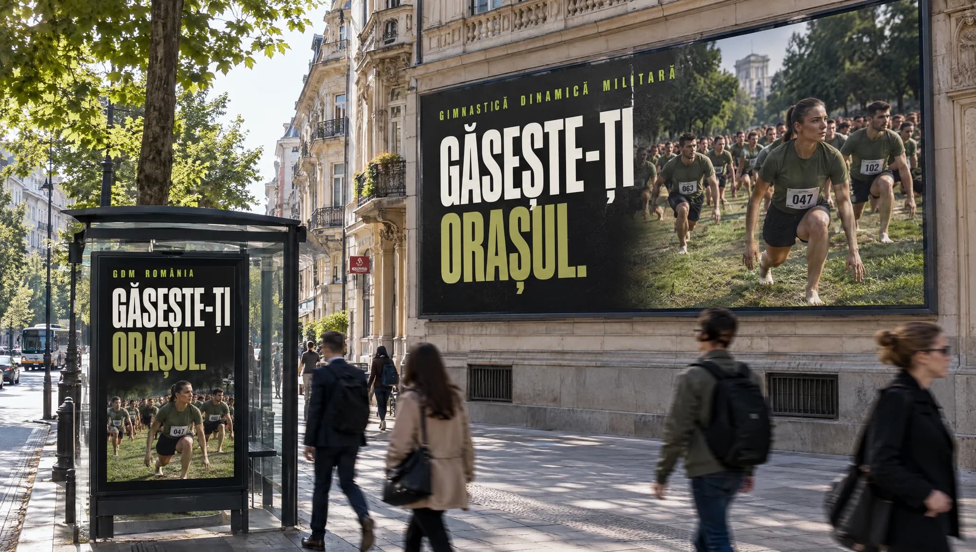 Cartellone e pensilina con «Găsește-ți orașul.» su un viale di Bucarest