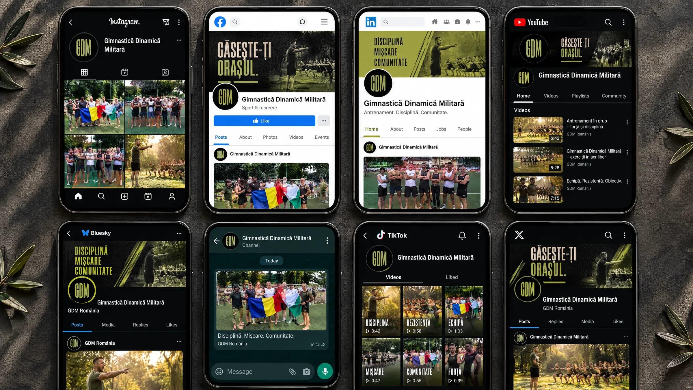 Gli otto canali di Gimnastică Dinamică Militară su otto telefoni: Instagram, Facebook, LinkedIn, YouTube, Bluesky, WhatsApp, TikTok e X