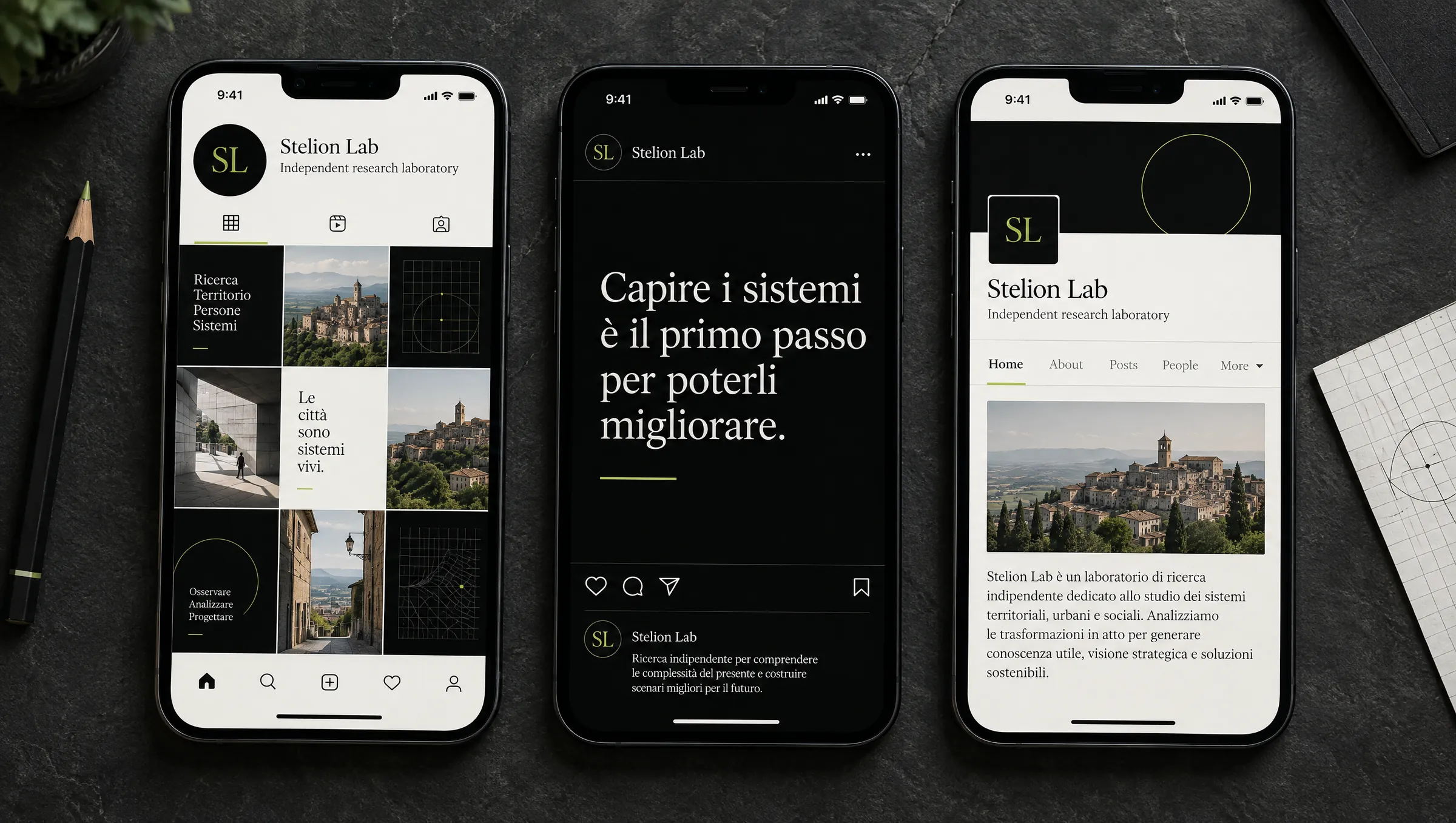 Profilo, post e pagina aziendale di Stelion Lab su tre telefoni
