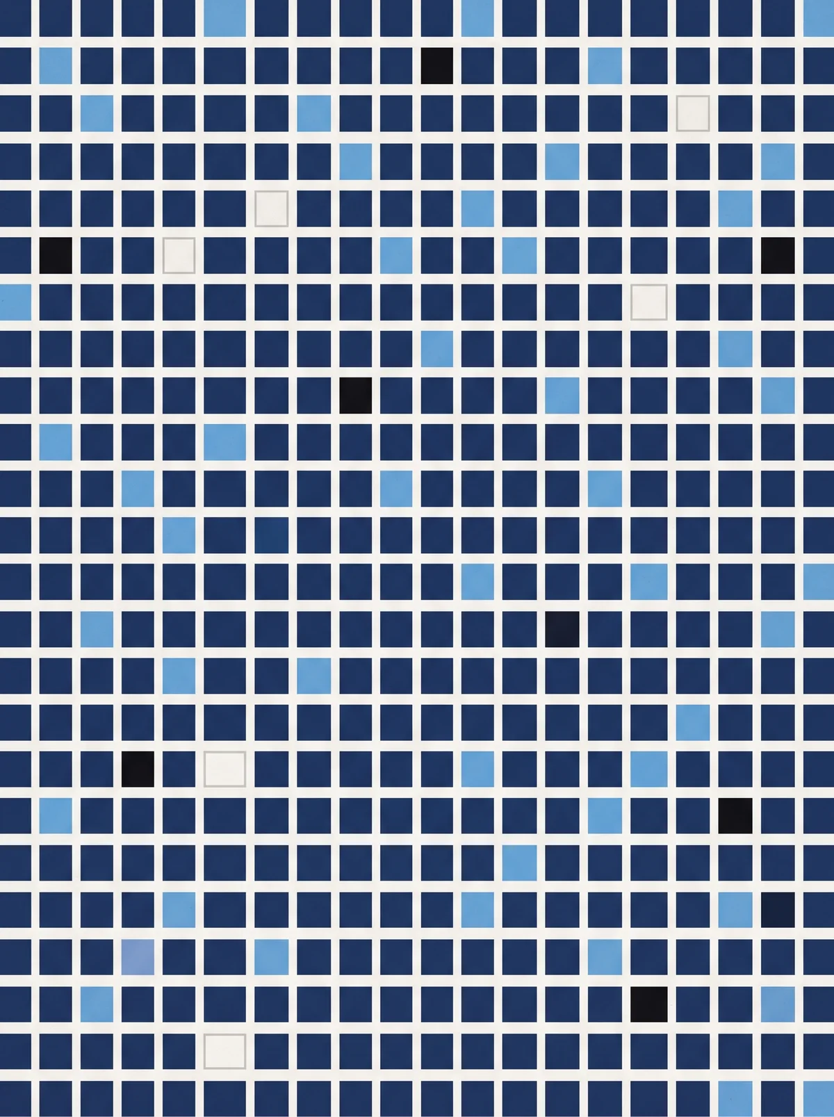 Griglia di tessere quadrate: alcune piene di blu, alcune azzurre, altre lasciate a contorno vuoto.