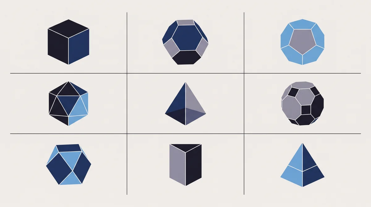 Nove piccoli solidi geometrici disposti su una griglia regolare, come una tavola da catalogo.