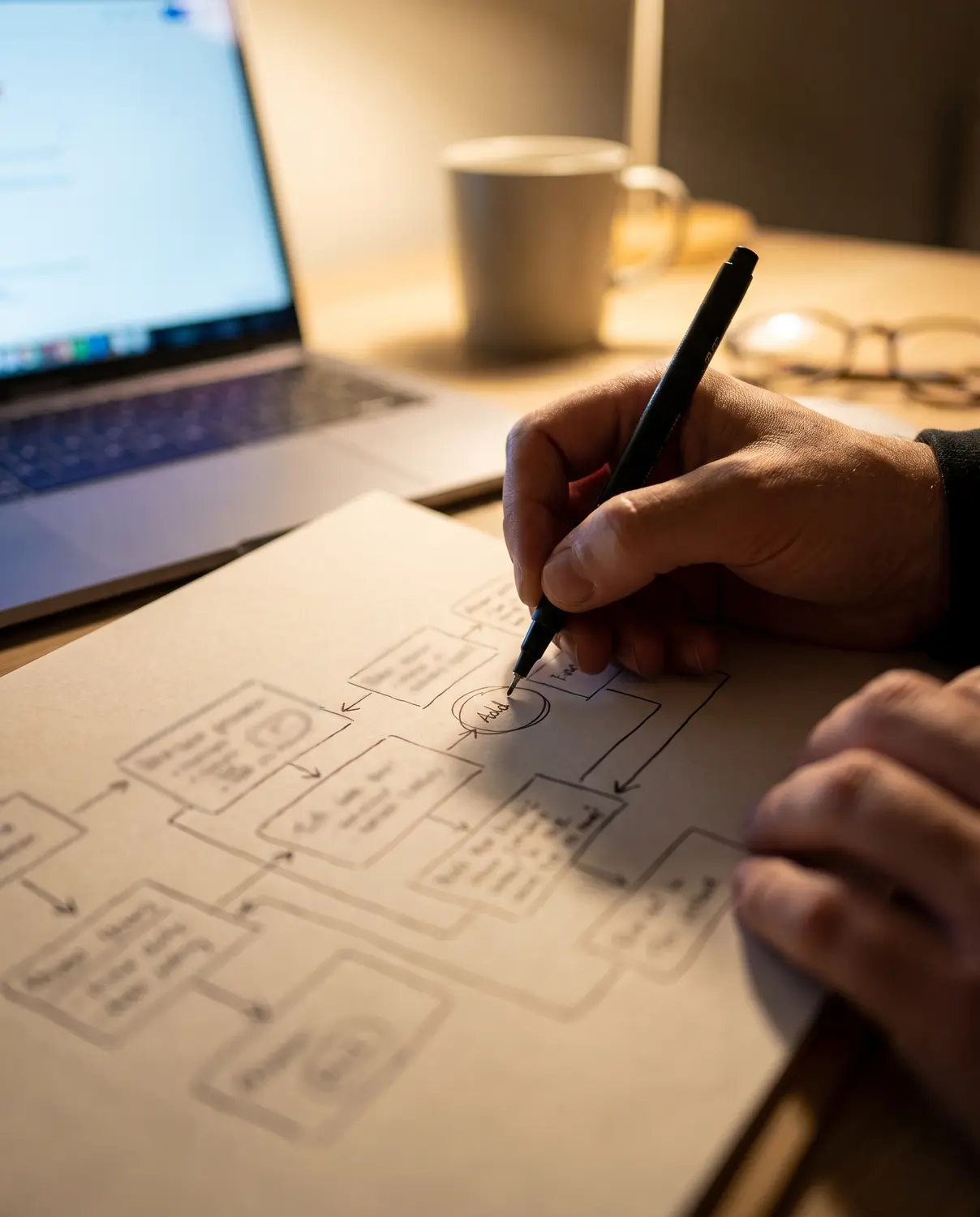 A hand annotates a flow diagram on paper with a pen, beside a laptop out of focus.