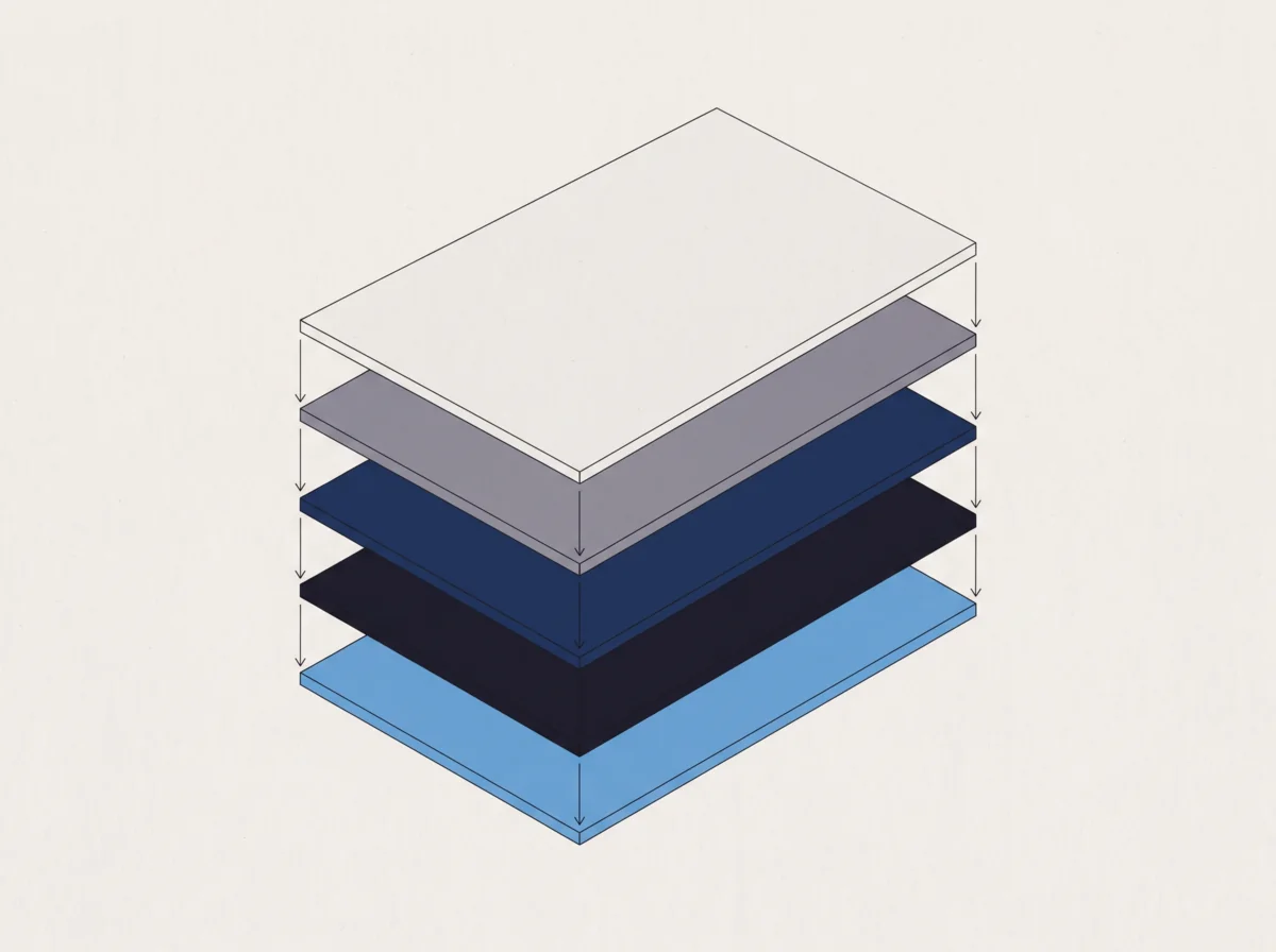 An exploded axonometric view: one solid separated into five parallel layers.