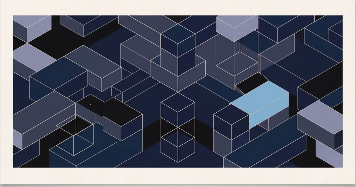 An isometric lattice of stacked blocks, three of them left as open outlines.
