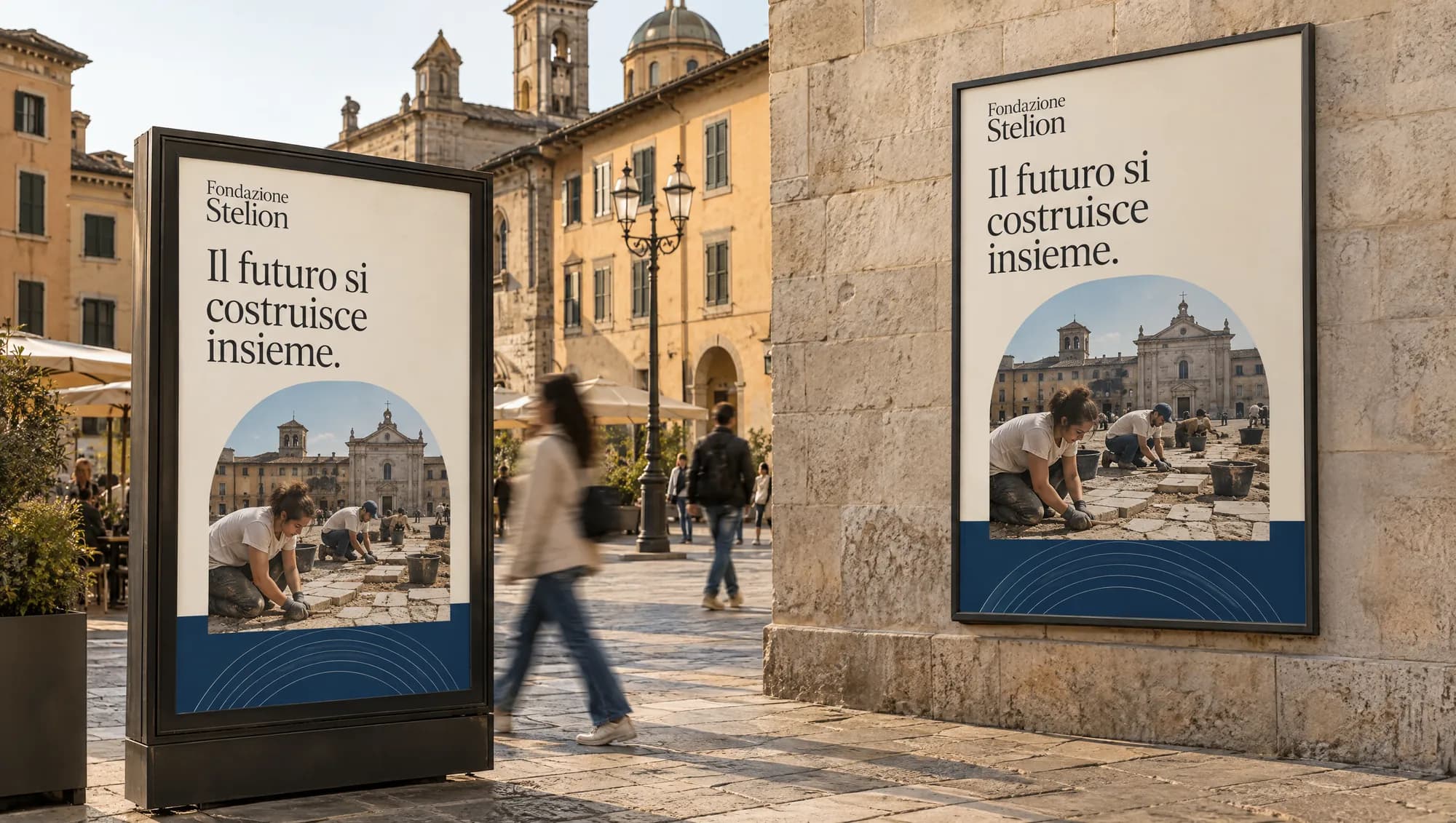 Manifesti di Fondazione Stelion in una piazza storica italiana